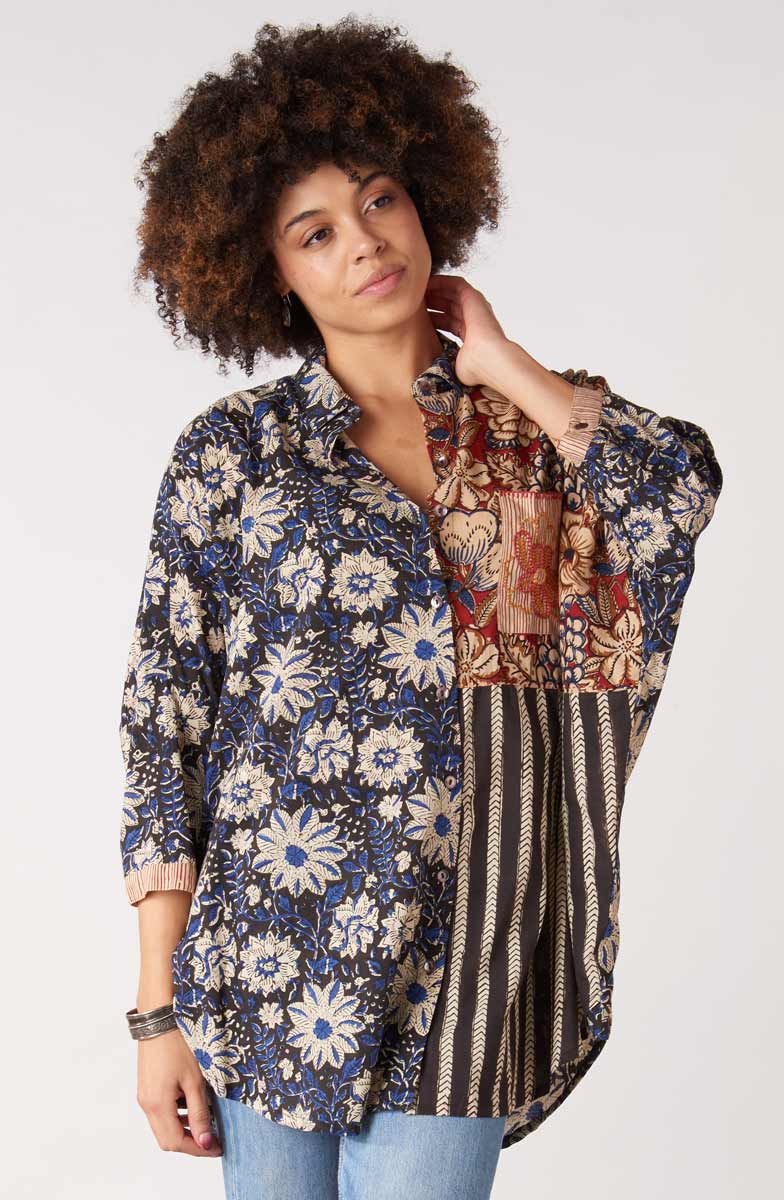 Mandvi Natural Dye Button-Down Oversized Shirt - Black/Multi