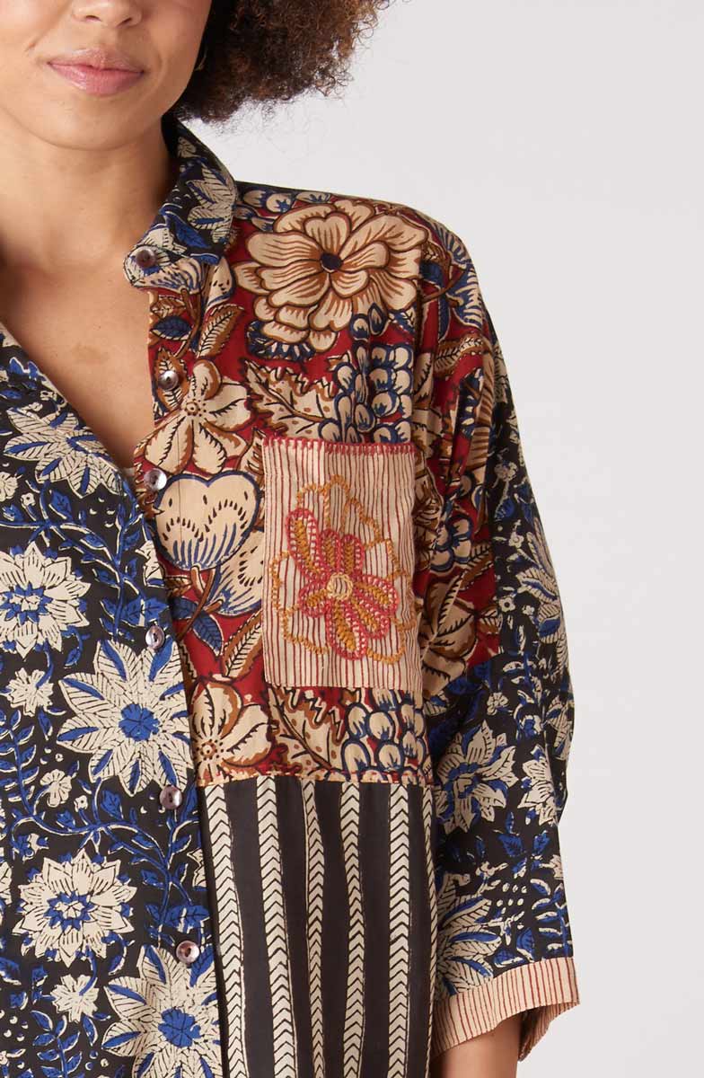 Mandvi Natural Dye Button-Down Oversized Shirt - Black/Multi