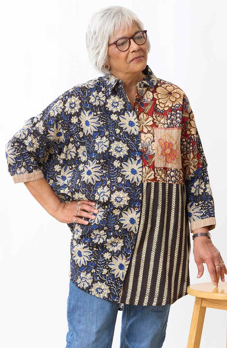 Mandvi Natural Dye Button-Down Oversized Shirt - Black/Multi