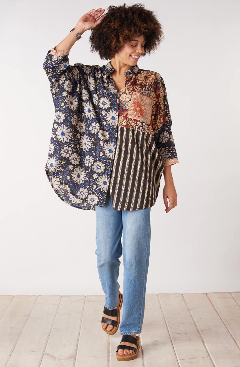 Mandvi Natural Dye Button-Down Oversized Shirt - Black/Multi