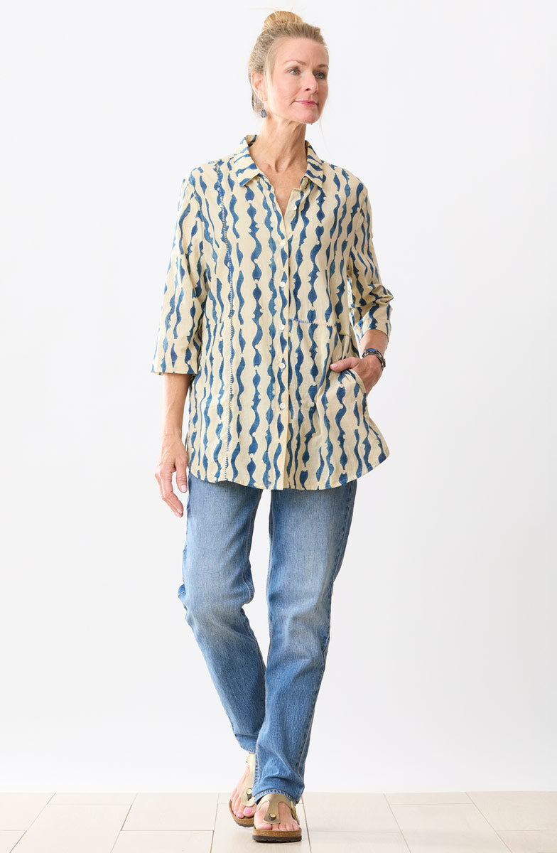 Namrita Natural Dye 3/4-Sleeve Shirt - Soft white/Indigo