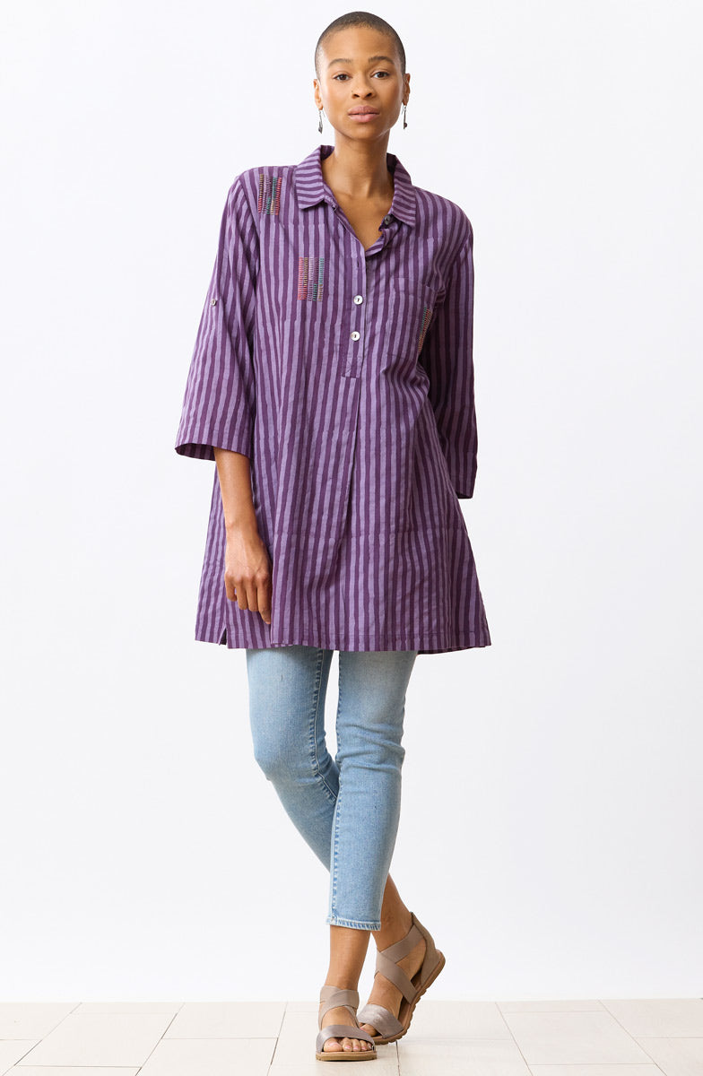 Paradeep Batik Stripe Long Shirt - Heirloom purple/Multi