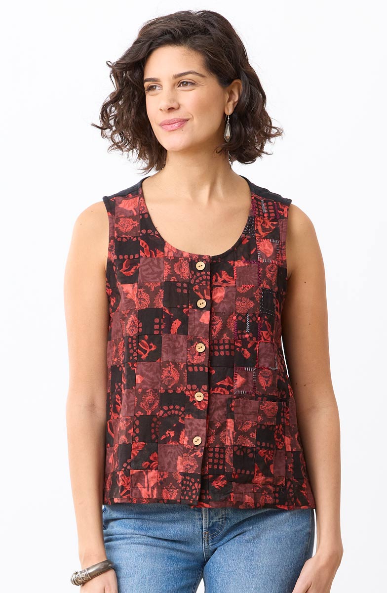 Manya Upcycled Patchwork Cropped Tank/Vest - Red/Chindi