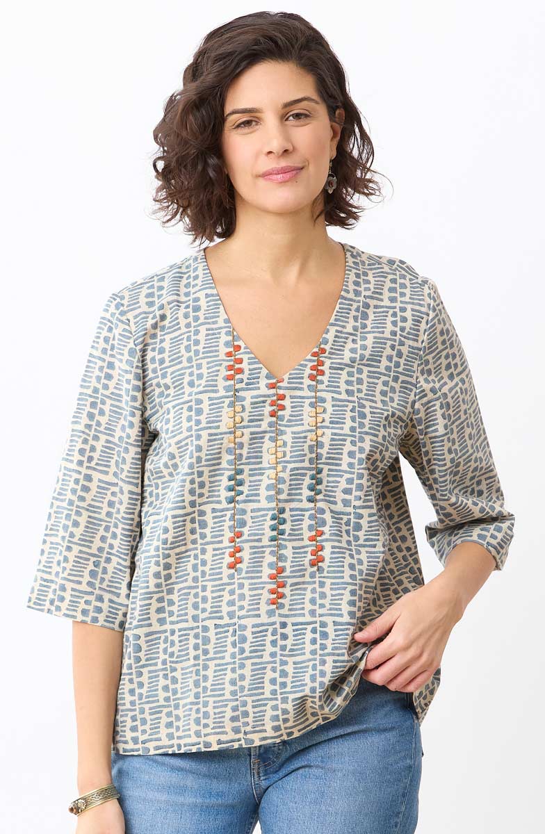 Kochi Cotton Linen V-Neck Top - Harbor blue/Natural