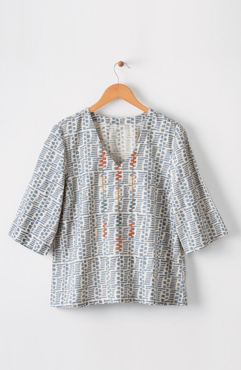 Kochi Cotton Linen V-Neck Top - Harbor blue/Natural