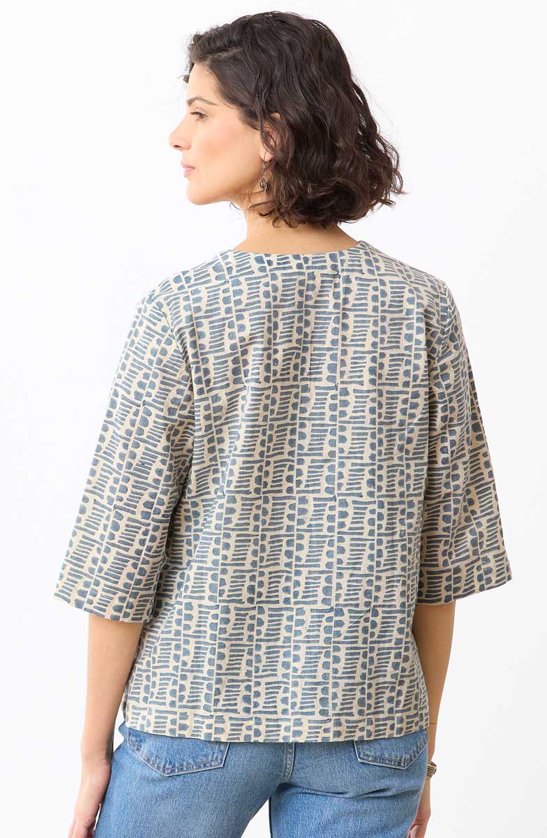 Kochi Cotton Linen V-Neck Top - Harbor blue/Natural