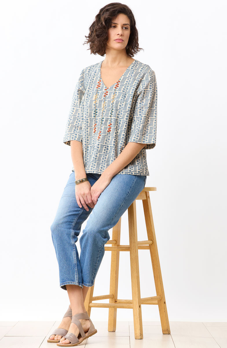 Kochi Cotton Linen V-Neck Top - Harbor blue/Natural