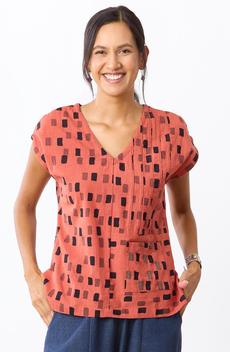 Renu Cap-Sleeve V-Neck Top - Brick/Multi
