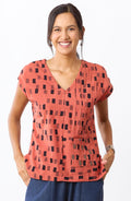 Renu Cap-Sleeve V-Neck Top - Brick/Multi