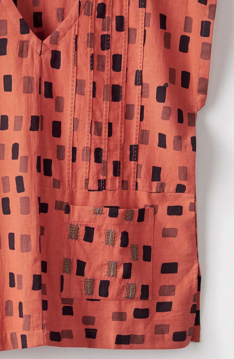 Renu Cap-Sleeve V-Neck Top - Brick/Multi