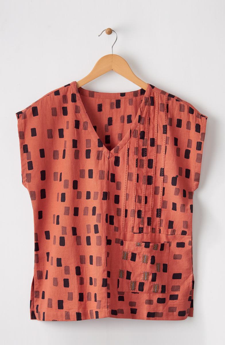 Renu Cap-Sleeve V-Neck Top - Brick/Multi