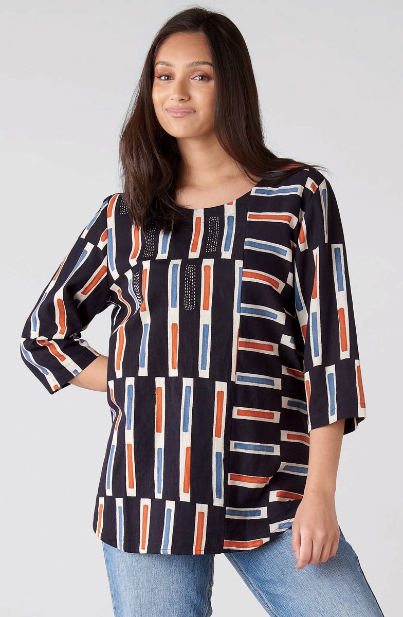Divya 3/4-Sleeve Popover Top - Black/Multi