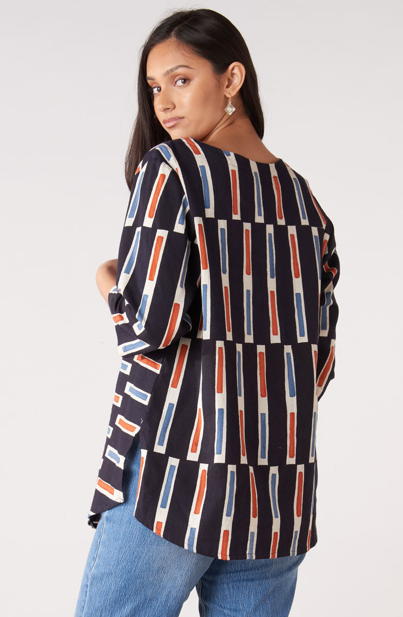 Divya 3/4-Sleeve Popover Top - Black/Multi