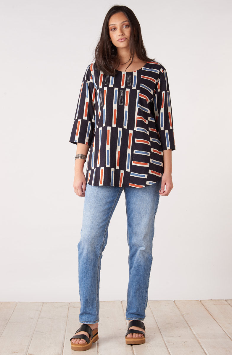 Divya 3/4-Sleeve Popover Top - Black/Multi